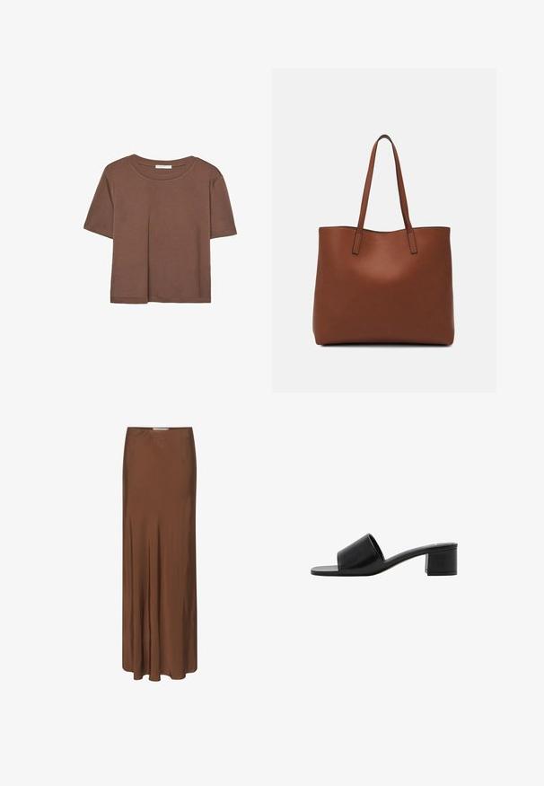 Rjava kratka majica s kratkimi rokavi iz mehkega materiala, s krožnim izrezom in ohlapnim krojem. Brez vidnih vzorcev ali dodatkov.; Dolga rjava krila iz gladkega materiala. Ima prilegajoč pas, subtilne naborke in detajl s logotipom na sprednji strani. Dolžina do tal.; Črne usnjene sandale z odprtim prstom in širokim trakom ter trdim blokastim peto. Imajo gladko teksturo in minimalističen dizajn.; Rjava usnjena torba z gladko teksturo, odprto zasnovo zgoraj in dvema naramnima trakovoma. Opremljena je z minimalnim šivanjem in brez vidnih kovinskih delov.