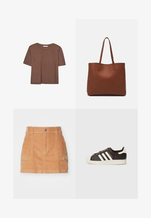 Rjava kratka majica s kratkimi rokavi iz mehkega materiala, s krožnim izrezom in ohlapnim krojem. Brez vidnih vzorcev ali dodatkov.; Mini krilo iz korduraja v svetlo rjavi barvi, ki ima visok pas, sprednje žepke in gladko teksturo z navpičnimi rebri.; Nizki adidas Superstar copat iz temno rjavega usnja s kremasto školjkasto konico, belimi črtami in napisom "Superstar" na strani.; Rjava usnjena torba z gladko teksturo, odprto zasnovo zgoraj in dvema naramnima trakovoma. Opremljena je z minimalnim šivanjem in brez vidnih kovinskih delov.