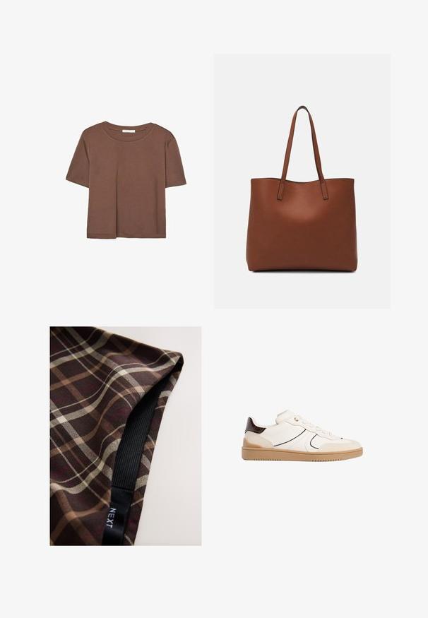 Braunes, kurzärmliges T-Shirt aus weichem Material mit rundem Halsausschnitt und lockerer Passform. Keine sichtbaren Muster oder Akzente.; Brauner karierten Stoff mit weißen und beigen Linien, mit glatter Textur und einem an der Kante eingenähten schwarzen Gummiband.; Stradivarius Sneaker low - white; Braune Leder-Tote mit glatter Textur, offenem Oberteil und zwei Schulterriemen. Verfügt über minimale Nähte und keine sichtbaren Beschläge.