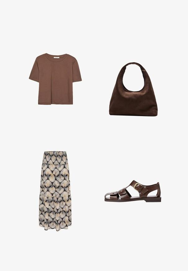 T-shirt marron à manches courtes en tissu doux, avec un col rond et une coupe décontractée. Aucun motif ni accent visible.; Jupe noire avec un motif de feuilles blanches et dorées, taille froncée, design fluide et détail de ourlet en couches. Le tissu semble léger et doux.; Sandale en cuir brun avec un design découpé, boucle ajustable sur le côté et semelle plate, avec des accents en métal et une ouverture au niveau des orteils.; Sac à main en toile marron doux de style hobo avec une large sangle unique et une ouverture en haut arrondie, présenté sur un fond blanc.
