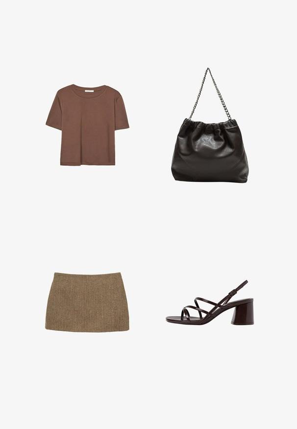 Kahvinsävyinen lyhythihainen t-paita, joka on valmistettu pehmeästä kankaasta. Pyöreä pääntie ja rento malli. Ei näkyviä kuvioita tai koristeita.; Ruskea herringbone-kuvioinen mini-hame, jossa on suora leikkaus ja sileä pinta. Kankaassa on kudottu ja strukturoidun näköinen pinta. Ei näkyviä kiinnityksiä.; Ruske sandaale sa visokom potpeticom s debljim petama, s glatkom, sjajnom površinom i višestrukim križnim trakama na gornjem dijelu.; Ruskea nahkainen laukku, jossa on kerätty yläosa ja ketjuhihna. Tasainen pinta, jossa kiiltävä viimeistely ja hienovaraiset sauman yksityiskohdat sivuilla.