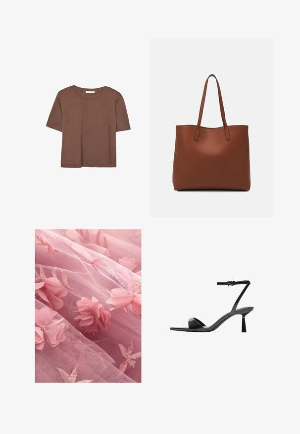 Smeđi kratki rukav majica od mekog materijala, s okruglim izrezom i opuštenim krojem. Nema vidljivih uzoraka ili naglasaka.; Ružičasta tulle tkanina s cvjetnim aplikacijama i izvezenim uzorcima lišća, s mekom, prozirnom teksturom i slojevitim izgledom.; Bershka Sandale s visokom petom - black; Smeđa kožna torba preko ramena s glatkom teksturom, otvorenim vrhom i dvjema naramenicama. Ima minimalne šavove i nema vidljivog hardvera.