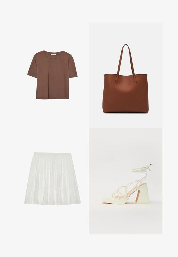 Smeđi kratki rukav majica od mekog materijala, s okruglim izrezom i opuštenim krojem. Nema vidljivih uzoraka ili naglasaka.; Bijela, slojevita suknja s teksturiranim završetkom. Ima elastičnu struk i slojevite volane, stvarajući lepršavi siluetu.; Bijela sandala na visokoj potpetici s debelim petom, s remenom i vezanjem oko gležnja. Glatka tekstura s platformom sprijeda za dodatnu visinu.; Smeđa kožna torba preko ramena s glatkom teksturom, otvorenim vrhom i dvjema naramenicama. Ima minimalne šavove i nema vidljivog hardvera.