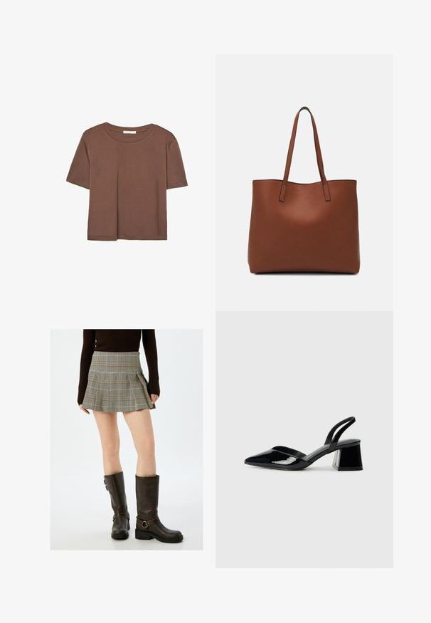 Kahvinsävyinen lyhythihainen t-paita, joka on valmistettu pehmeästä kankaasta. Pyöreä pääntie ja rento malli. Ei näkyviä kuvioita tai koristeita.; Beige ja musta plaidiruuduline mini seelik, millel on voldid ja kehasse toetuv vöökoht. Kombineeritud pruunide naha põlvikute sörkidega, millel on pandlad.; Mustat patentoitu nahkakengät, joissa on säären takaosa ja terävä kärki, sekä geometrinen palikkakorko. Sisältää tyylikkään, minimalistisen muotoilun ja sileän pinnan.; Ruskea nahkainen olkalaukku, jossa on sileä pinta, avoin yläosa ja kaksi olkahihnaa. Omaavat vain minimaalisen ompelun eikä näkyvää metalliosaa.