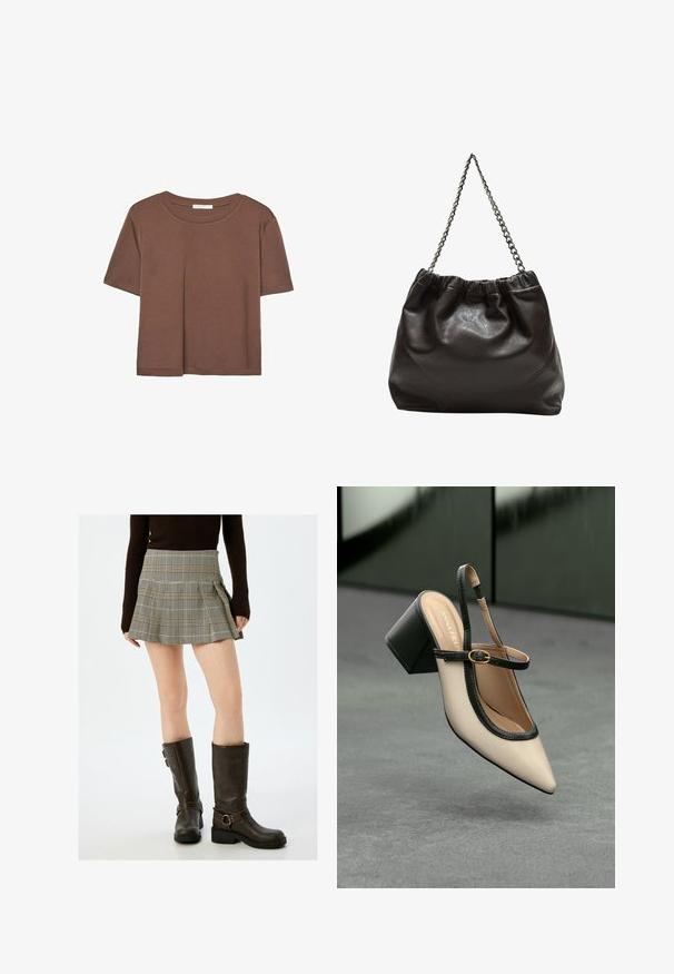 Brun kortärmad t-shirt i mjukt tyg, med rund halsringning och avslappnad passform. Inga synliga mönster eller detaljer.; Rutig mini kjol i beige och svart, med veck och figurnära midja. Matchad med knähöga bruna läderstövlar med spännen.; Beige spetstoppad slingback-sko med svart kant, guldspänne och en kraftig blockklack på grått golv med mörkgrön bakgrund.; Brun läderväska med rynkad topp och kedjesnodd. Slät textur med en blankslipad yta och subtila sömdetaljer på sidorna.