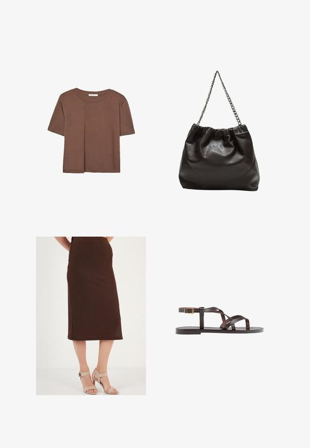 Rjava kratka majica s kratkimi rokavi iz mehkega materiala, s krožnim izrezom in ohlapnim krojem. Brez vidnih vzorcev ali dodatkov.; Rjava rebrasta midi krila s stranskim razporkom, v kombinaciji z bež visokimi petami. Krilo se ponaša z oprijetim pasom in teksturirano tkanino.; Rjav usnjen sandal z načinom prečnega črta, zaklepom okoli gležnja in ravnim podplatom z minimalnimi šivi.; Rjava usnjena torba z nabranim vrhom in verižnim trakom. Gladka tekstura z sijajno površino in subtilnimi šivi na straneh.
