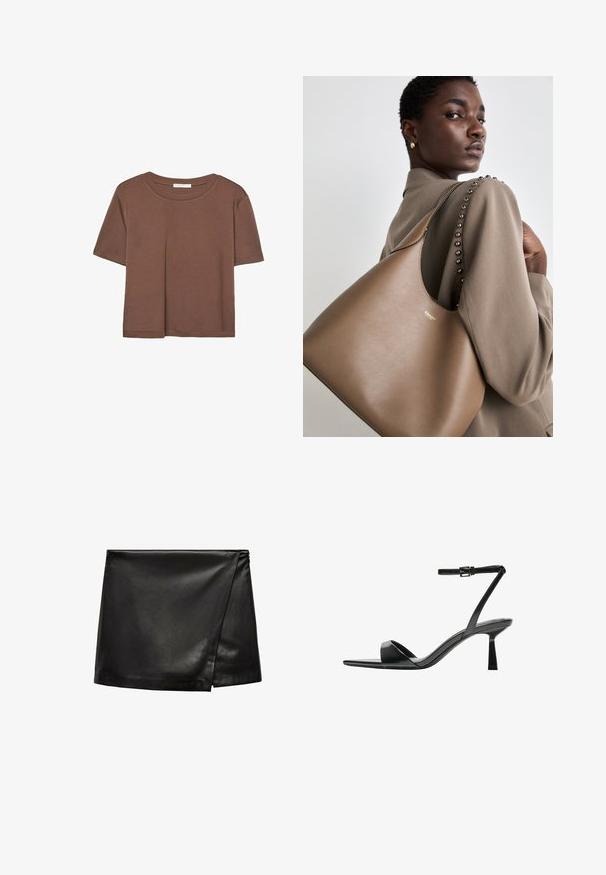 Korte mouwen T-shirt in bruin, gemaakt van een zachte stof, met een ronde halslijn en een relaxte pasvorm. Geen zichtbare patronen of accenten.; Zwarte leren mini-jurk met een wikkelontwerp, voorzien van een gladde textuur en minimalistische stijl. Geen zichtbare hardware of patronen.; Bershka Sandalen met hoge hak - black; Bruine lederen handtas met een gladde textuur, met een gebogen silhouet en een metalen logo. De schouderband heeft decoratieve studs langs de naad.