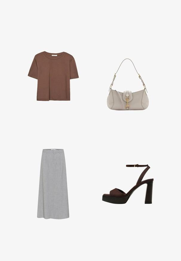 Korte mouwen T-shirt in bruin, gemaakt van een zachte stof, met een ronde halslijn en een relaxte pasvorm. Geen zichtbare patronen of accenten.; Grijze, knie-lange rok met een gladde textuur en subtiel heatherpatroon. Heeft een platte voorkant met plooien en een op maat gemaakte tailleband.; Bruine suède high-heeled sandaal met een open teen, verstelbare enkelband en een gestreepte plateauzool.; Lichtgrijze leren handtas met een gebogen vorm, gouden accenten, een sluiting aan de voorkant en gestikte details. Inclusief verstelbare schouderriem.