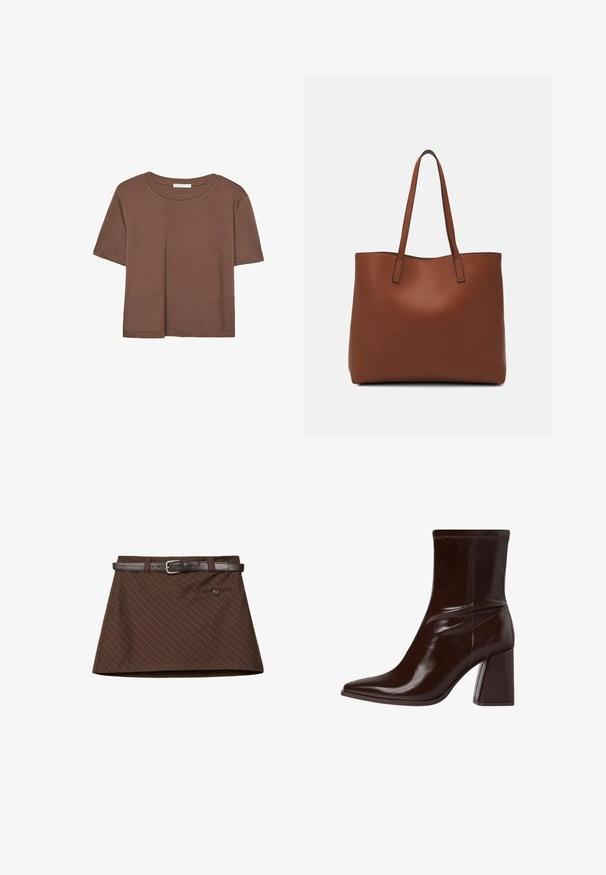 Maglietta a maniche corte marrone realizzata in tessuto morbido, con scollatura rotonda e vestibilità rilassata. Nessun motivo o dettaglio visibile.; Gonna marrone con un sottile motivo a righe, caratterizzata da una cintura in pelle marrone, una singola tasca anteriore e una forma A-line ben definita.; Stivale alla caviglia in pelle verniciata marrone con punta affusolata, cavigliera elasticizzata e tacco a blocco spesso. Design elegante con superficie liscia.; Borsa tote in pelle marrone con texture liscia, design con apertura superiore e due spallacci. Presenta cuciture minime e nessun hardware visibile.