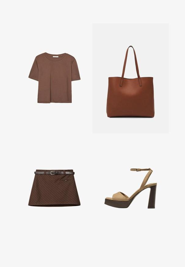 T-shirt marron à manches courtes en tissu doux, avec un col rond et une coupe décontractée. Aucun motif ni accent visible.; Jupe marron avec un motif de rayures subtiles, dotée d'une ceinture en cuir marron, d'une poche frontale unique et d'une forme A-line structurée.; Sandales à talons hauts en suede beige avec une large bride avant et une bride à la cheville, dotées d'un chunky talon en bois avec une finition texturée.; Sac fourre-tout en cuir marron avec une texture lisse, design à ouverture supérieure et deux poignées pour le porter à l'épaule. Présente des coutures minimales et aucun matériel visible.