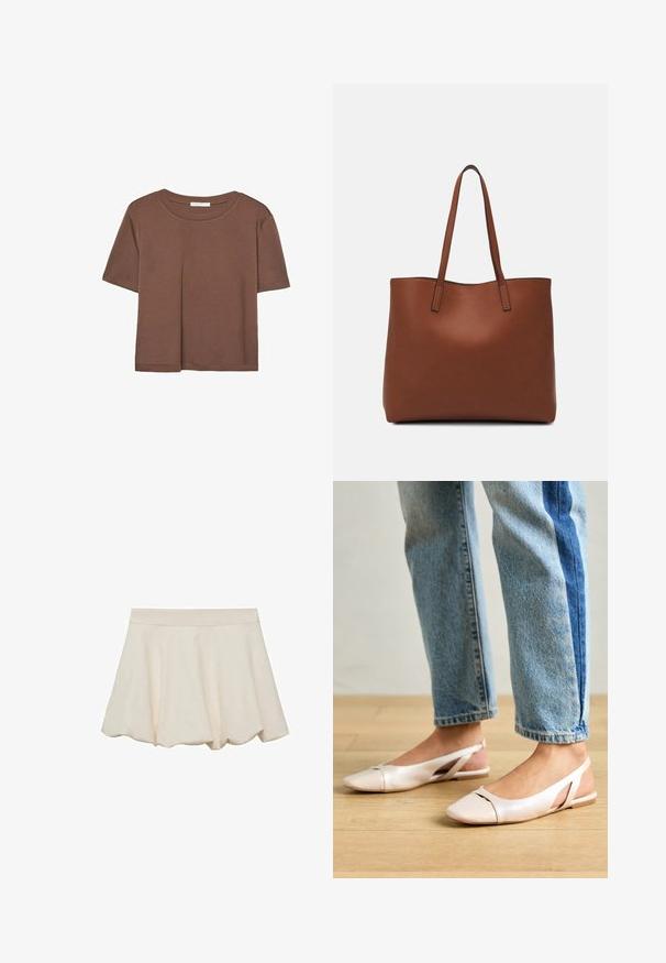 Smeđi kratki rukav majica od mekog materijala, s okruglim izrezom i opuštenim krojem. Nema vidljivih uzoraka ili naglasaka.; Suknja boje kreme s mekom, glatkom teksturom, lepršavim dizajnom i obrubom s valovima. Ima široku, elastičnu struk koja osigurava udobnost.; Svijetlo ružičaste slingback balerinke s šiljastim vrhom, izrađene od glatkog materijala nalik koži. Sadrže izrezane detalje sa strane i ravnu petu.; Smeđa kožna torba preko ramena s glatkom teksturom, otvorenim vrhom i dvjema naramenicama. Ima minimalne šavove i nema vidljivog hardvera.