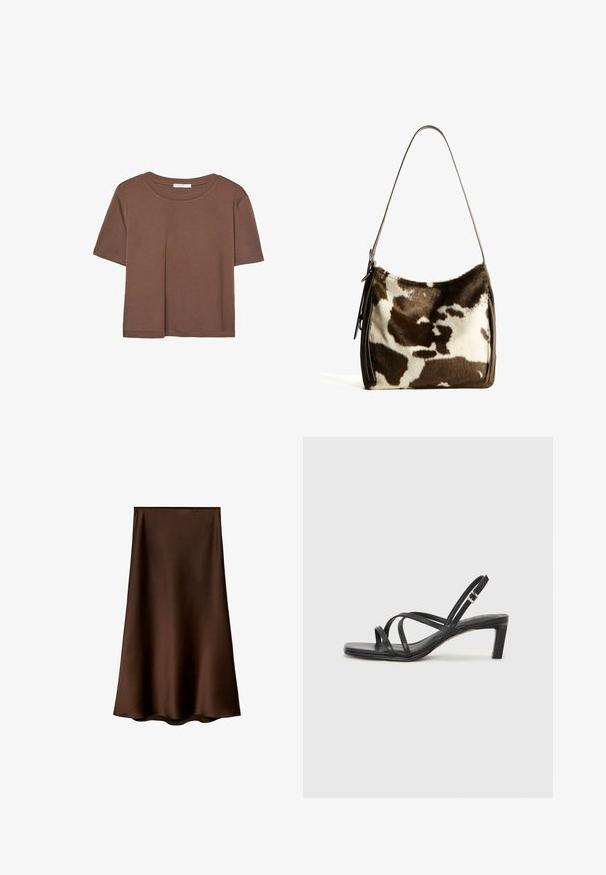 Braunes, kurzärmliges T-Shirt aus weichem Material mit rundem Halsausschnitt und lockerer Passform. Keine sichtbaren Muster oder Akzente.; Mango Maxirock - brown; Schwarze Sandale mit Riemchen, quadratischer Zehenform und niedrigem Blockabsatz. Verfügt über mehrere dünne Riemen und einen verstellbaren Knöchelriemen. Hergestellt aus glattem Leder.; Braune und cremefarbene Kuhhaut-Umhängetasche mit einem glatten Ledertrageriemen, Reißverschluss und einer weichen, strukturierten Oberfläche mit einem natürlichen Muster.