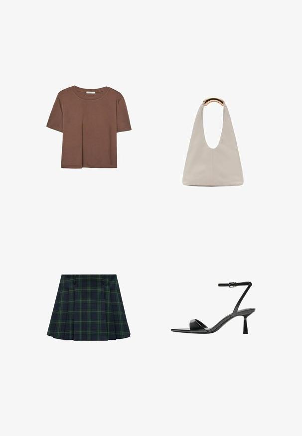 Brun kortärmad t-shirt i mjukt tyg, med rund halsringning och avslappnad passform. Inga synliga mönster eller detaljer.; Grön och marinblå rutigt plisserad kjol med två sidfickor fram och rak fåll. Tillverkad av tyg med en slät yta och strukturerad design.; Bershka Sandaletter - black; Ljusgrå läderväska med en U-formad design och ett böjt metallhandtag. Slät textur med minimal sömnad och inga synliga mönster.
