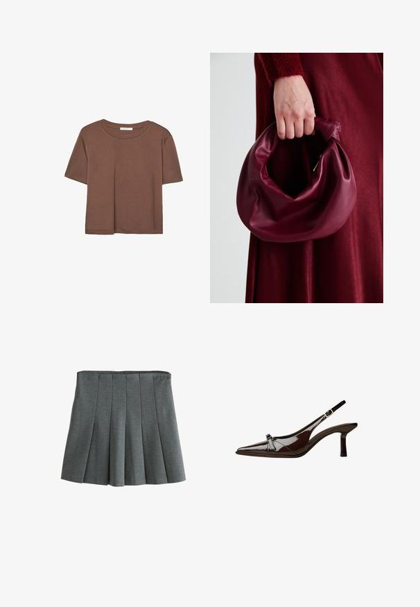 T-shirt marron à manches courtes en tissu doux, avec un col rond et une coupe décontractée. Aucun motif ni accent visible.; Jupe grise plissée en tissu doux et texturé. Elle présente une taille ajustée et des plis superposés pour un meilleur mouvement.; Chaussure slingback en cuir verni marron avec un bout pointu, un petit talon et un accent de nœud décoratif à l'avant. Texture lisse et brillante.; Sac à main en cuir bordeaux au design doux et froncé, avec une forme arrondie. La poignée est fixée, mettant en valeur une texture lisse.