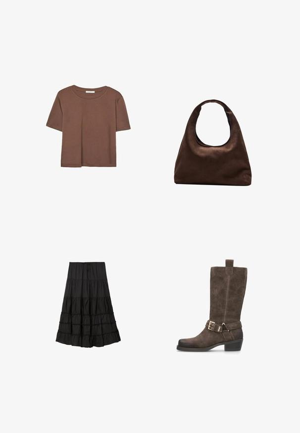 Braunes, kurzärmliges T-Shirt aus weichem Material mit rundem Halsausschnitt und lockerer Passform. Keine sichtbaren Muster oder Akzente.; Schwarzer, stufiger Rock aus leichtem Stoff, mit einem Zugband in der Taille, Rüschensäumen und einer fließenden Silhouette.; Braune Wildleder-Kniefußstiefel mit Quadratzehen, dezentem Absatz und einem Lederriemen mit einer goldenen Schnallenverzierung.; Weiche braune Hobo-Stil Handtasche mit einem einzigen breiten Trageriemen und einer geschwungenen Oberteilöffnung, auf einem weißen Hintergrund präsentiert.