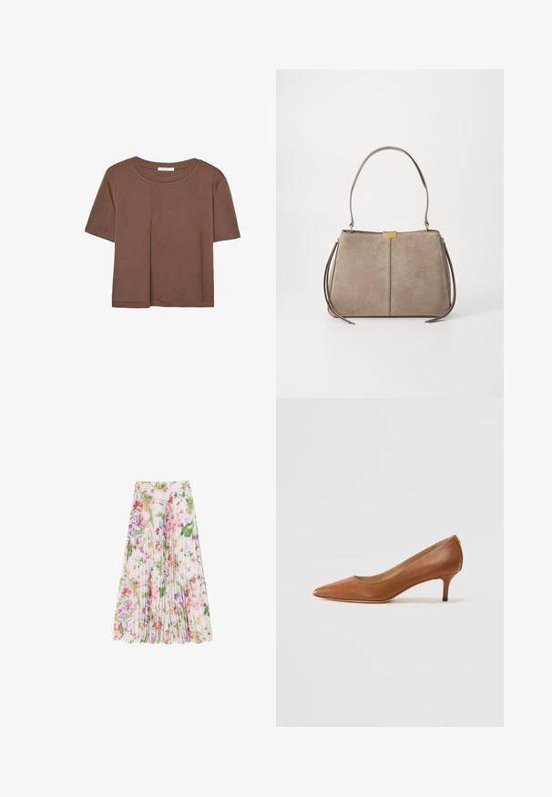 Korte mouwen T-shirt in bruin, gemaakt van een zachte stof, met een ronde halslijn en een relaxte pasvorm. Geen zichtbare patronen of accenten.; Bloemrijke plissé rok in lichte stof, met een mix van roze, groen en paarse tinten. Valt onder de knie met een geraffineerde tailleband.; Lauren Ralph Lauren ADRIENNE - Klassieke pumps - deep saddle tan; Tommy Hilfiger CASUAL SHOULDER BAG - Handtas - coastal taupe
