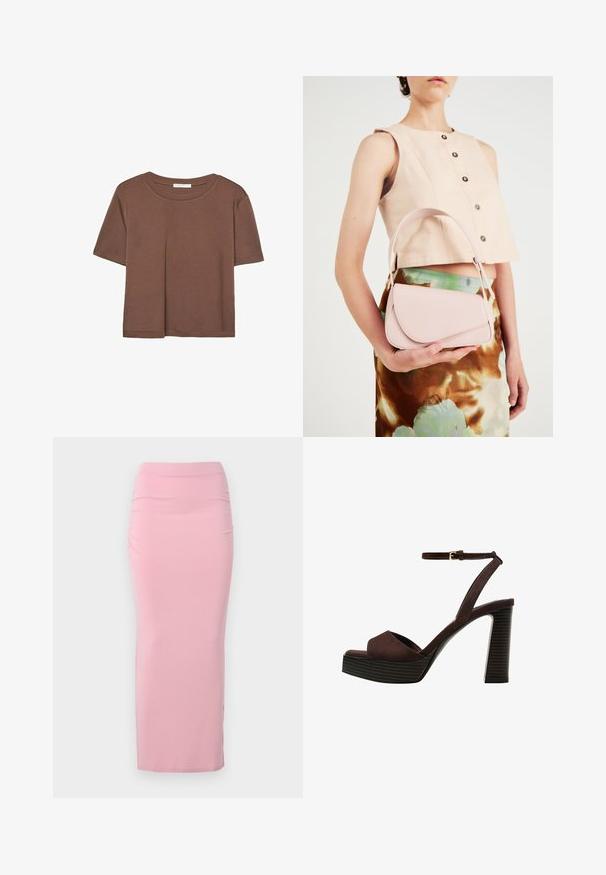 Hnedé tričko s krátkym rukávom vyrobené z jemného materiálu, s okrúhlym výstrihom a voľným strihom. Žiadne viditeľné vzory ani akcenty.; Svetloružová, dlhá, priliehavá sukňa vyrobená z elastického materiálu. Má hladký povrch a jemné zhluky na jednej strane. Bez ozdôb.; Hnedé semišové sandále na vysokom podpätku s otvorenou špičkou, nastaviteľným členkovým remienkom a pruhovanou platformovou podrážkou.; Ružová kožená kabelka s zakriveným klapkovým uzáverom, jedným ramenným popruhom a čistými líniami. Kabelka má hladkú textúru a minimalistický dizajn.