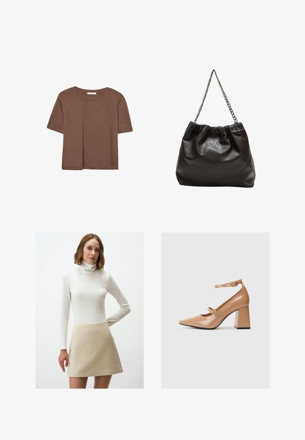 Braunes, kurzärmliges T-Shirt aus weichem Material mit rundem Halsausschnitt und lockerer Passform. Keine sichtbaren Muster oder Akzente.; Beige ausgestellter Rock aus weicher Stoffqualität mit glatter Textur und seitlicher Tasche, kombiniert mit einem figurbetonten weißen Langarm-Turtleneck-Oberteil.; Beige Lackleder-Pumps mit spitzem Zeh, einem Knöchelriemen und einem massiven Quadratabsatz. Glatte Textur mit glänzender Oberfläche.; Braune Lederhandtasche mit gerafftem Oberteil und Kettenriemen. Glatte Textur mit glänzendem Finish und subtilen Nahtdetails an den Seiten.