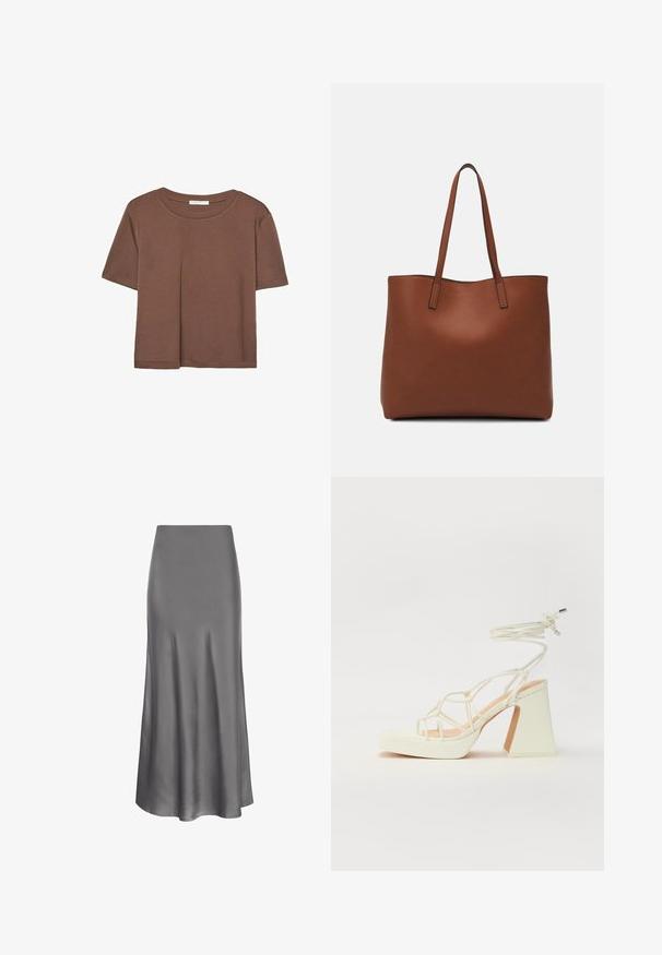Braunes, kurzärmliges T-Shirt aus weichem Material mit rundem Halsausschnitt und lockerer Passform. Keine sichtbaren Muster oder Akzente.; Moves HEBRY - Maxirock - castlerock; Weiße High-Heel-Sandale mit einem klobigen Absatz, die über ein Riemchendesign und ein Knöchelband verfügt. Glatte Textur mit einer Plattform vorne für zusätzliche Höhe.; Braune Leder-Tote mit glatter Textur, offenem Oberteil und zwei Schulterriemen. Verfügt über minimale Nähte und keine sichtbaren Beschläge.