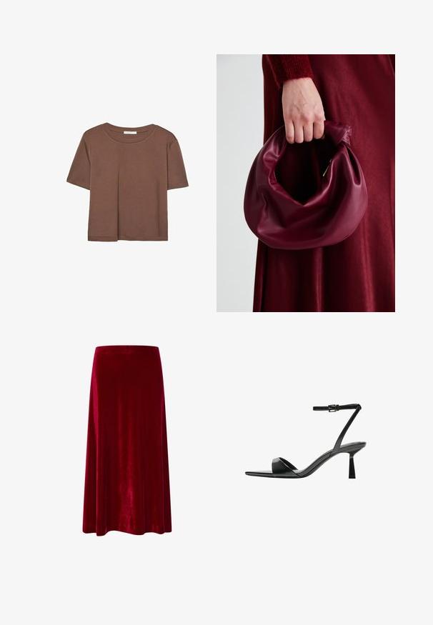 Braunes, kurzärmliges T-Shirt aus weichem Material mit rundem Halsausschnitt und lockerer Passform. Keine sichtbaren Muster oder Akzente.; Midirock aus rotem Samt mit glatter Textur, ausgestelltem Design und einem Bund. Der Saum endet knapp unter dem Knie. Keine sichtbaren Akzente.; Bershka High Heel Sandalette - black; Burgunderleder-Handtasche mit einem weichen, gerafften Design und einer gerundeten Form. Der Griff ist gesichert und zeigt eine glatte Textur.