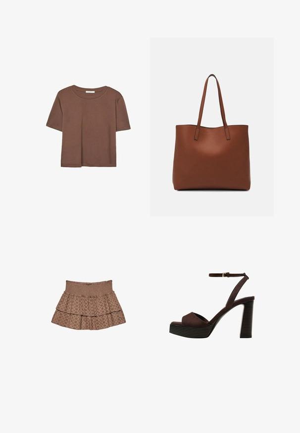 Braunes, kurzärmliges T-Shirt aus weichem Material mit rundem Halsausschnitt und lockerer Passform. Keine sichtbaren Muster oder Akzente.; Brauner, gestufter Rock aus weichem Stoff. Verfügt über einen elastischen Bund und bestickte Muster mit geometrischem Design.; Braune Wildleder-Pumps mit offenem Zeh, verstellbarem Knöchelriemen und gestreiftem Plateausohlen.; Braune Leder-Tote mit glatter Textur, offenem Oberteil und zwei Schulterriemen. Verfügt über minimale Nähte und keine sichtbaren Beschläge.