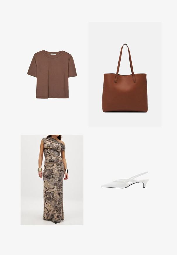 T-shirt marron à manches courtes en tissu doux, avec un col rond et une coupe décontractée. Aucun motif ni accent visible.; Robe maxi à une épaule, fabriquée en tissu léger, avec une base beige et des motifs animaliers et abstraits noirs.; Escarpin blanc à brides arrière avec un bout pointu, présentant un dessus lisse, des découpes discrètes et un petit talon bloc. La semelle noire met en valeur le design.; Sac fourre-tout en cuir marron avec une texture lisse, design à ouverture supérieure et deux poignées pour le porter à l'épaule. Présente des coutures minimales et aucun matériel visible.