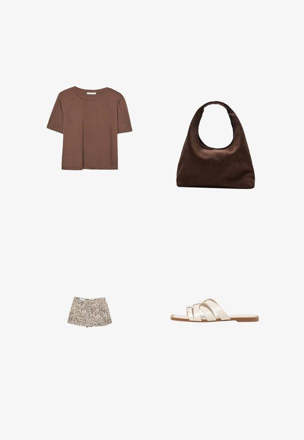Brown short-sleeve t-shirt made of soft fabric, with a round neckline and relaxed fit. No visible patterns or accents.; Leopard print denim shorts, beige base with dark brown spots, high-waisted design, two front pockets, and a stylish cut.; Flat sandals with a tan rubber sole, designed with three overlapping white leather straps and a small bow detail at the center.; Soft brown hobo-style handbag with a single wide strap and a curved top handle opening, displayed on a white background.