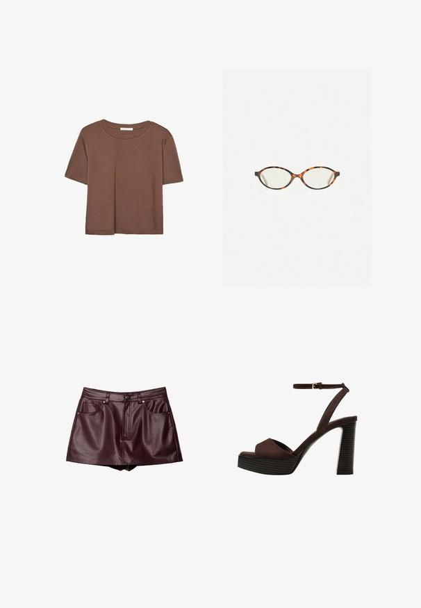 Brun kortærmet t-shirt lavet af blødt stof, med rund halsudskæring og afslappet pasform. Ingen synlige mønstre eller detaljer.; Bordeaux farvet kunstlæder mini nederdel med to frontlommer, synlig syning, en lynlås foran og knaplukning. Glat, blød tekstur.; Brune ruskinds højhælede sandal med åben tå, justerbar ankelrem og en stribet plade sål.; Skildpaddebriller med ovale linser og en elegant, glat finish. Har tynde sider med en subtil kurve ved tindingerne. Klare linser.