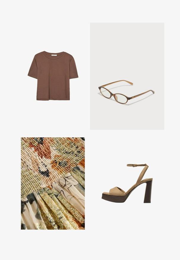T-shirt marron à manches courtes en tissu doux, avec un col rond et une coupe décontractée. Aucun motif ni accent visible.; Next REGULAR FIT - DROP WAIST - Jupe longue - cream sparkle; Sandales à talons hauts en suede beige avec une large bride avant et une bride à la cheville, dotées d'un chunky talon en bois avec une finition texturée.; Lunettes en écaille de tortue marron avec des verres ovales, des branches fines et des accents transparents. Présente un logo subtil sur la branche. Design élégant et léger.