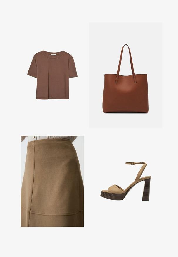 T-shirt marron à manches courtes en tissu doux, avec un col rond et une coupe décontractée. Aucun motif ni accent visible.; Jupe en suède marron avec une texture lisse et des détails de couture visibles, présentant une taille haute et un design évasé.; Sandales à talons hauts en suede beige avec une large bride avant et une bride à la cheville, dotées d'un chunky talon en bois avec une finition texturée.; Sac fourre-tout en cuir marron avec une texture lisse, design à ouverture supérieure et deux poignées pour le porter à l'épaule. Présente des coutures minimales et aucun matériel visible.