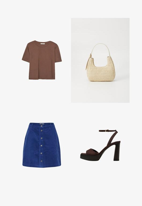 T-shirt marron à manches courtes en tissu doux, avec un col rond et une coupe décontractée. Aucun motif ni accent visible.; Jupe en velours côtelé bleu avec des rayures verticales, une forme droite et une fermeture à boutons sur le devant avec des accents métalliques.; Sandale à talons hauts en suede marron avec un bout ouvert, une bride de cheville réglable et une semelle de plateforme rayée.; Sac en paille tressée beige avec une forme courbée, une courte poignée et une fermeture éclair sur le côté. Présente une surface texturée et un design minimaliste.