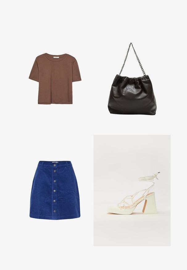 T-shirt marron à manches courtes en tissu doux, avec un col rond et une coupe décontractée. Aucun motif ni accent visible.; Jupe en velours côtelé bleu avec des rayures verticales, une forme droite et une fermeture à boutons sur le devant avec des accents métalliques.; Sandale blanche à talons hauts avec un talon épais, présentant un design à lanières et un lien autour de la cheville. Texture lisse avec une plateforme à l'avant pour une hauteur supplémentaire.; Sac en cuir marron avec un haut froncé et une bandoulière en chaîne. Texture lisse avec une finition brillante et des coutures subtiles sur les côtés.