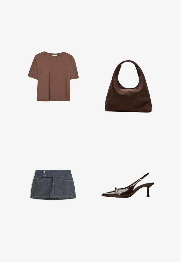 Rjava kratka majica s kratkimi rokavi iz mehkega materiala, s krožnim izrezom in ohlapnim krojem. Brez vidnih vzorcev ali dodatkov.; Temno jeans krilo z visokim pasom, ki ima dva sprednja žepa, gumbasto zapiranje in kontrastno šivanje ob robovih.; Rjave lakirane slingback čevlje z oglatim nosom, nizko peto in dekorativno pentljo na sprednji strani. Gladka, sijoča tekstura.; Mehakna rjava torbica v hobo stilu z enim širokim trakom in ukrivljenim odprtjem na vrhu, prikazana na beli podlagi.