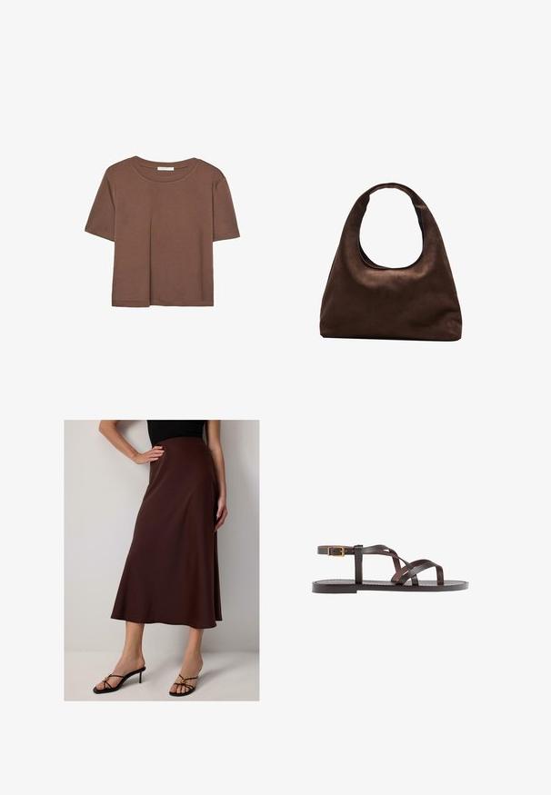 Brown short-sleeve t-shirt made of soft fabric, with a round neckline and relaxed fit. No visible patterns or accents.; Brown, knee-length satin skirt with a flared silhouette. It features a smooth texture and a high waist design, paired with black heeled sandals.; Brown leather sandal featuring crisscross straps, an ankle buckle closure, and a flat sole with minimal stitching details.; Soft brown hobo-style handbag with a single wide strap and a curved top handle opening, displayed on a white background.