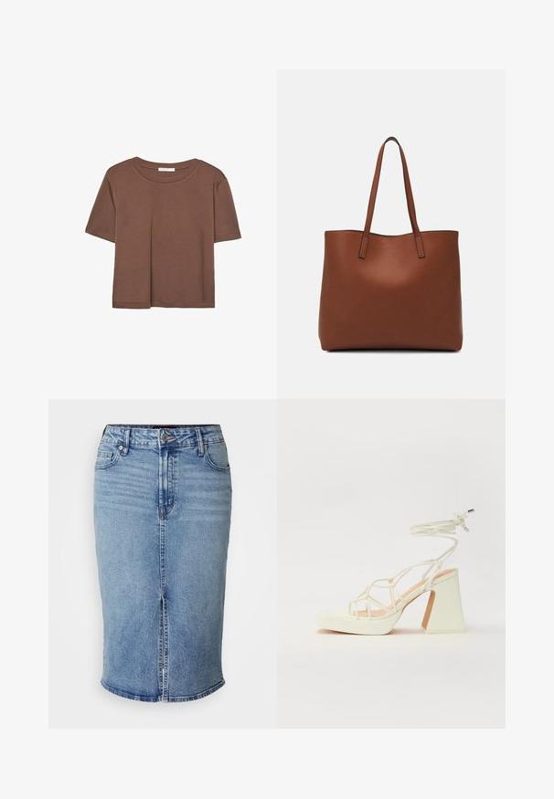 Smeđi kratki rukav majica od mekog materijala, s okruglim izrezom i opuštenim krojem. Nema vidljivih uzoraka ili naglasaka.; Svijetloplavi traper suknja-pencile s prednjim prorezom, pet džepova i gumbom za zatvaranje u struku. Redovna duljina, glatka tekstura.; Bijela sandala na visokoj potpetici s debelim petom, s remenom i vezanjem oko gležnja. Glatka tekstura s platformom sprijeda za dodatnu visinu.; Smeđa kožna torba preko ramena s glatkom teksturom, otvorenim vrhom i dvjema naramenicama. Ima minimalne šavove i nema vidljivog hardvera.