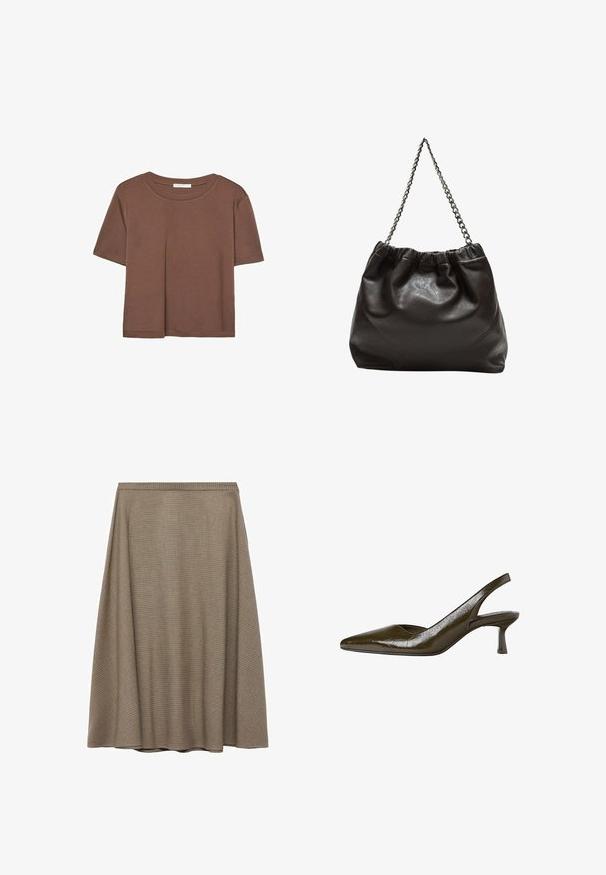 Hnedé tričko s krátkym rukávom vyrobené z jemného materiálu, s okrúhlym výstrihom a voľným strihom. Žiadne viditeľné vzory ani akcenty.; Sukňa po kolená v A-strihu z textúrovaného hnedého materiálu s jemným kockovaným vzorom, s hladkým pásom a splývavou siluetou.; Olivovo zelené lodičky na opätku s ostrou špicou a nízkym, štíhlym opätkom. Lesklý povrch s jemne zvrásneným finišom.; Hnedá kožená taška so zberaným vrchom a reťazovým popruhom. Hladký povrch s lesklým finišom a jemným švom po stranách.