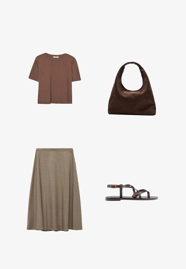 Smeđi kratki rukav majica od mekog materijala, s okruglim izrezom i opuštenim krojem. Nema vidljivih uzoraka ili naglasaka.; Suknja A-linije do koljena u teksturiranom smeškastom materijalu s suptilnim kariranim uzorkom, sa glatkim strukom i padajućim siluetom.; Smeđe kožne sandale s iskrižanim trakama, umetkom za zapešće s kopčanjem i ravnim potplatom s minimalnim detaljima šivanja.; Meka mekana smeđa torba hobo stila s jednim širokim remenom i zakrivljenim otvaranjem na vrhu, prikazana na bijeloj pozadini.