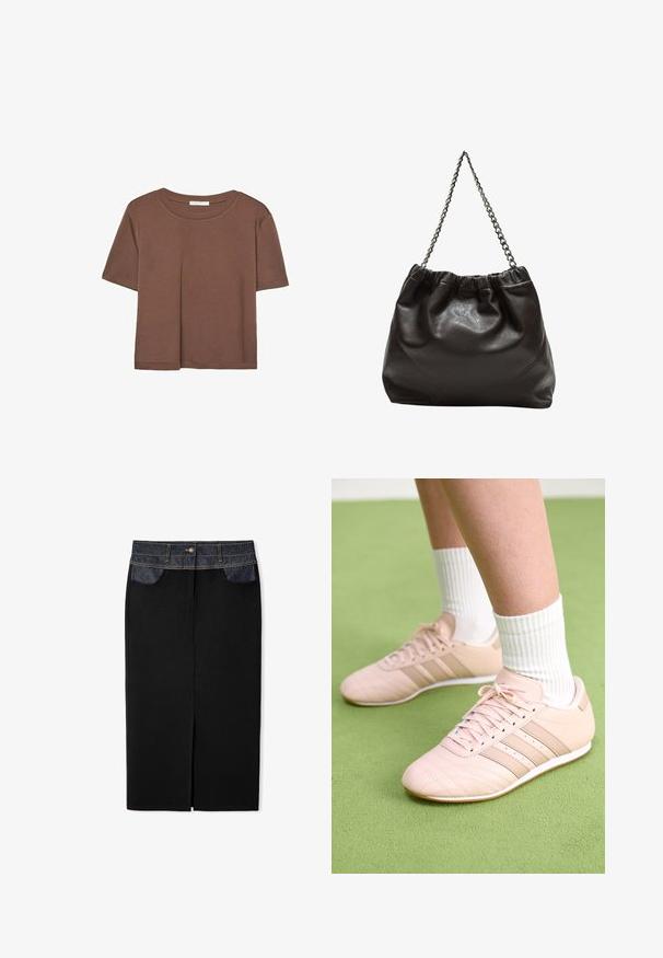 T-shirt marron à manches courtes en tissu doux, avec un col rond et une coupe décontractée. Aucun motif ni accent visible.; Jupe en denim noir avec une taille en denim bleu foncé, des accents de coutures dorées et une fente frontale. Comprend des poches avant pour plus de praticité.; Baskets de sport rose clair avec des coutures en diagonale, semelles blanches et trois rayures latérales. Portées avec des chaussettes blanches à côtes sur une surface verte.; Sac en cuir marron avec un haut froncé et une bandoulière en chaîne. Texture lisse avec une finition brillante et des coutures subtiles sur les côtés.
