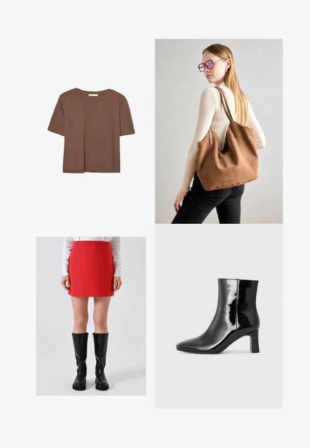 Maglietta a maniche corte marrone realizzata in tessuto morbido, con scollatura rotonda e vestibilità rilassata. Nessun motivo o dettaglio visibile.; Donna che indossa una mini gonna rossa abbinata a stivali di pelle neri con gambale alto e una maglietta bianca a maniche lunghe, su uno sfondo neutro.; Stivaletto in pelle verniciata nera con punta a punta e tacco a blocco di altezza media. Texture liscia e design minimalista.; Borsa a tracolla in suede marrone con texture morbida, ampia apertura e lunghe cinghie. Caratterizzata da un design semplice con cuciture visibili e senza accessori.