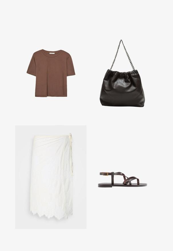 Maglietta a maniche corte marrone realizzata in tessuto morbido, con scollatura rotonda e vestibilità rilassata. Nessun motivo o dettaglio visibile.; Gonna avvolgente bianca con ricami in pizzo floreale, orlo a onde e chiusura laterale con lacci, esposta su uno sfondo semplice.; Sandal in pelle marrone con cinturini incrociati, chiusura con cinturino alla caviglia e suola piatta con dettagli di cucitura minimi.; Borsa in pelle marrone con parte superiore arricciata e tracolla a catena. Texture liscia con finitura lucida e dettagli di cucitura sottili sui lati.
