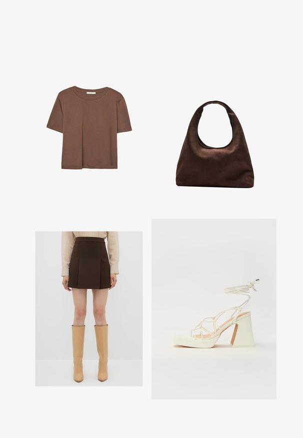 Braunes, kurzärmliges T-Shirt aus weichem Material mit rundem Halsausschnitt und lockerer Passform. Keine sichtbaren Muster oder Akzente.; Brauner plissierter Minirock mit hohem Taillendesign, aus strukturiertem Stoff, kombiniert mit beigen knielangen Absatzstiefeln.; Weiße High-Heel-Sandale mit einem klobigen Absatz, die über ein Riemchendesign und ein Knöchelband verfügt. Glatte Textur mit einer Plattform vorne für zusätzliche Höhe.; Weiche braune Hobo-Stil Handtasche mit einem einzigen breiten Trageriemen und einer geschwungenen Oberteilöffnung, auf einem weißen Hintergrund präsentiert.