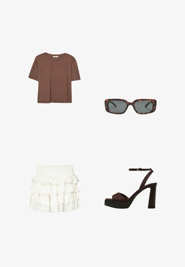 Kahvinsävyinen lyhythihainen t-paita, joka on valmistettu pehmeästä kankaasta. Pyöreä pääntie ja rento malli. Ei näkyviä kuvioita tai koristeita.; Valkoinen röyhelöskirtti, jossa on smockattu vyötärö. Sisältää kerroksittain järjestettyjä, läpikuultavia röyhelöitä, jotka luovat tekstuuria ja virtaavan ilmeen.; Ruske kožne sandale s visokom potpeticom, otvorenim prstima, podesivim kopčanjem oko gležnja i prugastim platformskim đonom.; Silmälasit pähkinäkuoresta, joissa on suorakulmaiset linssit, paksut kehykset ja tummennetut linssit. Sileä pinta ja minimalistinen muotoilu.