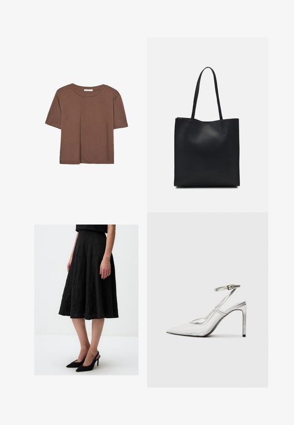 Maglietta a maniche corte marrone realizzata in tessuto morbido, con scollatura rotonda e vestibilità rilassata. Nessun motivo o dettaglio visibile.; Gonna midi nera con tessuto testurizzato, design svasato e vita liscia. Abbinata a scarpe con tacco a punta nere.; Scarpa con tacco a stiletto trasparente e punta affilata, realizzata in materiale trasparente, con dettagli metallici argentati e cinturino regolabile sulla caviglia.; Borsa tote in pelle nera con texture liscia, forma rettangolare e due manici lunghi. Nessun hardware o decorazione visibile.