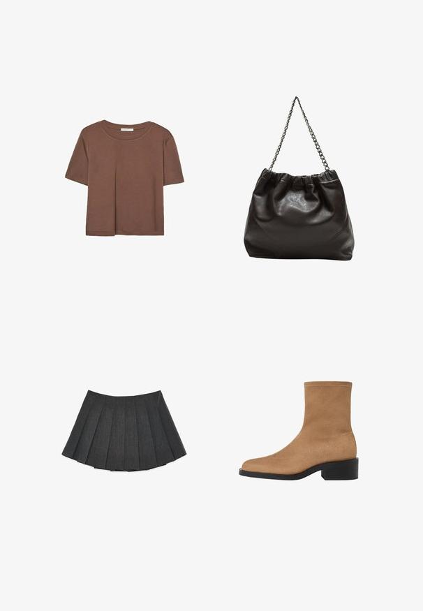 Brązowa koszulka z krótkim rękawem, wykonana z miękkiego materiału, z okrągłym dekoltem i luźnym krojem. Brak widocznych wzorów lub akcentów.; Plisowana spódnica w ciemnoszarym kolorze, wykonana z teksturowanej tkaniny. Charakteryzuje się rozkloszowanym krojem z równomiernie rozmieszczonymi plisami i płaskim paskiem w talii.; Beżowe zamszowe botki za kostkę z kwadratowym noskiem, niskim słupkowym obcasem i bezszwem designem. Posiada delikatne przeszycia wzdłuż krawędzi.; Brązowa skórzana torba z marszczonym szczytem i łańcuszkowym paskiem. Gładka tekstura z błyszczącym wykończeniem i subtelnymi detalami szwów po bokach.
