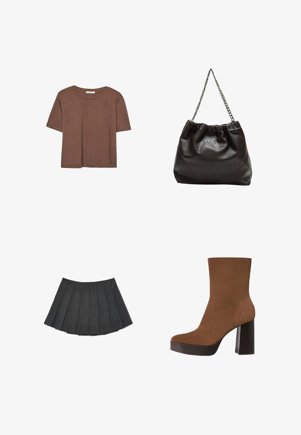 T-shirt marron à manches courtes en tissu doux, avec un col rond et une coupe décontractée. Aucun motif ni accent visible.; Jupe plissée en gris foncé, fabriquée à partir d'un tissu texturé. Elle présente une silhouette évasée avec des plis régulièrement espacés et une taille plate.; Botte cheville en suède marron avec un bout rond, un large talon à rayures noires et une surface lisse. Présente un design ajusté sans quincaillerie visible.; Sac en cuir marron avec un haut froncé et une bandoulière en chaîne. Texture lisse avec une finition brillante et des coutures subtiles sur les côtés.