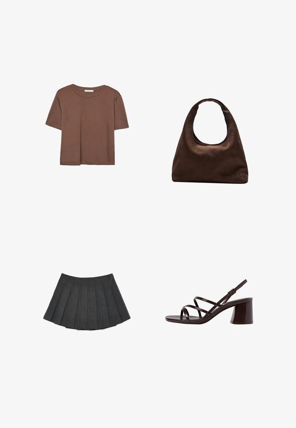 Braunes, kurzärmliges T-Shirt aus weichem Material mit rundem Halsausschnitt und lockerer Passform. Keine sichtbaren Muster oder Akzente.; Plissierter Rock in Dunkelgrau, aus einem strukturierten Stoff gefertigt. Hat eine ausgestellte Silhouette mit gleichmäßig verteilten Falten und einem flachen Taillenbund.; Braune, geschnallte High-Heel-Sandalette mit einem dicken Absatz, die über eine glatte, glänzende Oberfläche und mehrere überkreuzte Riemen im Obermaterial verfügt.; Weiche braune Hobo-Stil Handtasche mit einem einzigen breiten Trageriemen und einer geschwungenen Oberteilöffnung, auf einem weißen Hintergrund präsentiert.