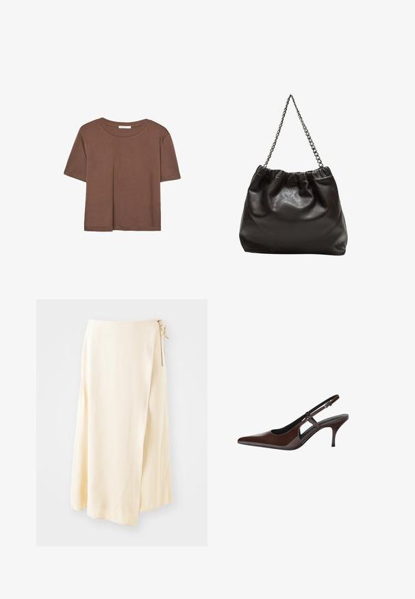 Rjava kratka majica s kratkimi rokavi iz mehkega materiala, s krožnim izrezom in ohlapnim krojem. Brez vidnih vzorcev ali dodatkov.; Kremno obarvana lahka zavita krila iz mehkega materiala, s stranišnjo zavezo in tekočo A-linijo.; Rjave čevlje iz patentirane usnje s slingback obliko in špicastim nosom, odprtimi izrezi in tankim peto. Ima nastavljiv pas s sponko.; Rjava usnjena torba z nabranim vrhom in verižnim trakom. Gladka tekstura z sijajno površino in subtilnimi šivi na straneh.