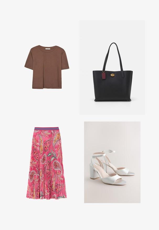 Kahvinsävyinen lyhythihainen t-paita, joka on valmistettu pehmeästä kankaasta. Pyöreä pääntie ja rento malli. Ei näkyviä kuvioita tai koristeita.; Vaaleanpunainen laskostettu hame, jossa on kukka- ja paislekuvioita, sekä kontrastivärinen turkoosi raitahalkio. Valmistettu kevyestä kankaasta.; Valkoiset avokkaat paksulla korolla, nilkkaremmeillä ja hopeisilla soljilla neutraalilla beige-taustalla.; Musta nahkainen olkalaukku, jossa on kaksi pitkää kahvaa, teksturoitu pinta, kultaiset varusteet ja viininpunainen tarra. Tilava muotoilu avoimella yläosalla.