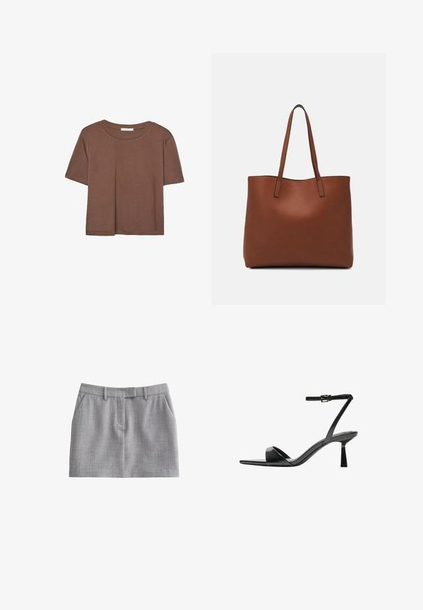 Brązowa koszulka z krótkim rękawem, wykonana z miękkiego materiału, z okrągłym dekoltem i luźnym krojem. Brak widocznych wzorów lub akcentów.; Szare, dopasowane szorty o subtelnej fakturze, z płaskim przodem, pętlami na pasek i dwiema bocznymi kieszeniami. Prosty i funkcjonalny design.; Bershka - Sandały na obcasie; Brązowa skórzana torba tote o gładkiej fakturze, z otwartym wierzchem i dwoma ramiączkami. Charakteryzuje się minimalnym przeszyciem i brakiem widocznych elementów metalowych.