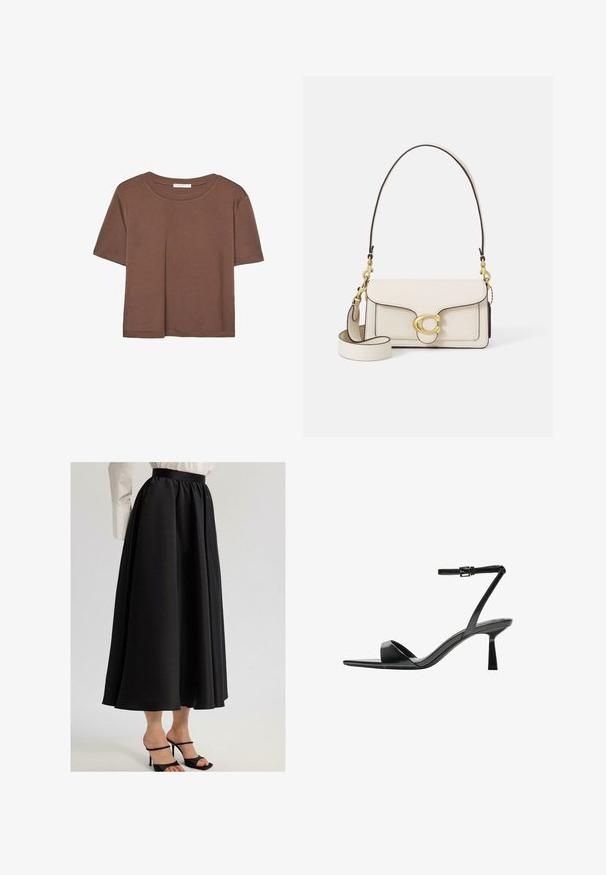 Brązowa koszulka z krótkim rękawem, wykonana z miękkiego materiału, z okrągłym dekoltem i luźnym krojem. Brak widocznych wzorów lub akcentów.; Czarna długa spódnica z gładkiego materiału, z marszczonym pasem i swobodnym krojem, w połączeniu z czarnymi sandałami na cienkich obcasach.; Bershka - Sandały na obcasie; Kremowa skórzana torebka o zarysowanym kształcie, z kontrastowymi czarnymi krawędziami, złotymi akcentami oraz odpinanym paskiem z charakterystycznym logo.